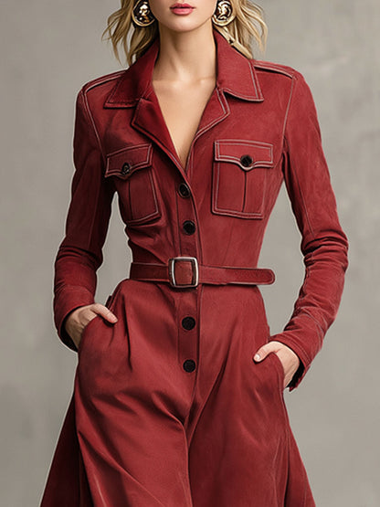 Western-style Lapel Multi-pocket Single-breasted Faux Suede Maxi Dress