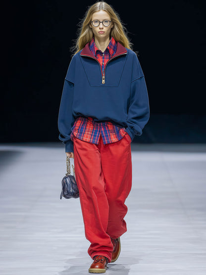Casual Retro-style Two-piece Red Plaid Shirt With Half-zip And Dark Blue Sweatshirt