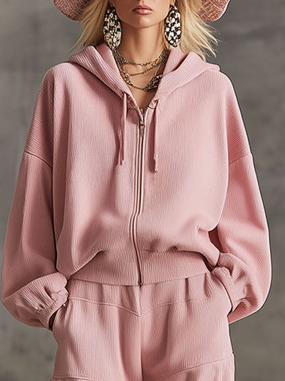 Stylish And Elegant Loose-fitting Pink Corduroy Hooded Top And Pants Set
