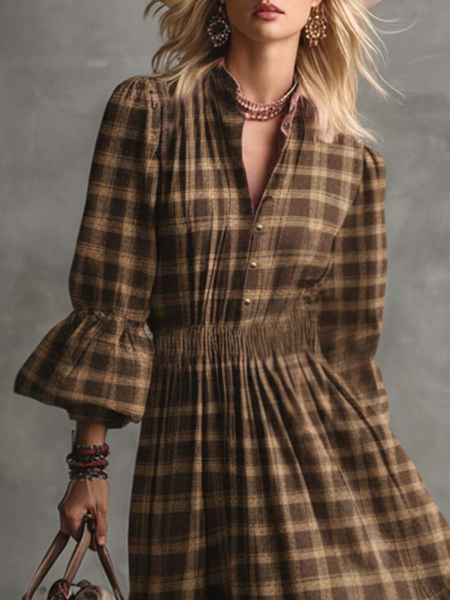 Vintage Western Countryside Lapel Front Button Bubble Hem Brown Plaid Midi Dress