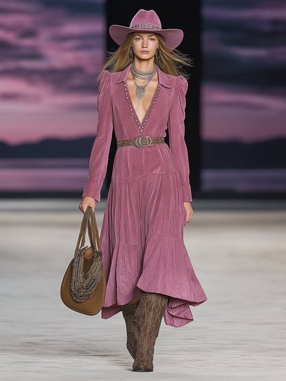 Western Pink Faux Suede V-Neck Studded Midi Dress