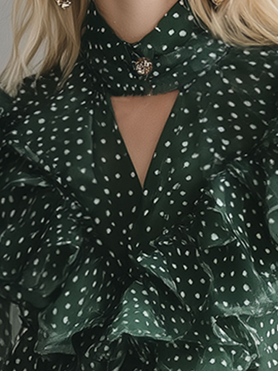 Stylish And Elegant Green Polka Dot Chiffon Ruffled Shirt