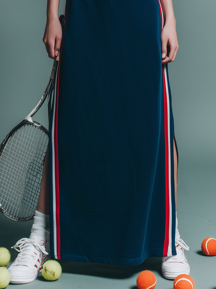 Trendy Sporty Stand-up Collar Red And White Ribbon Blue Slit Maxi Dress