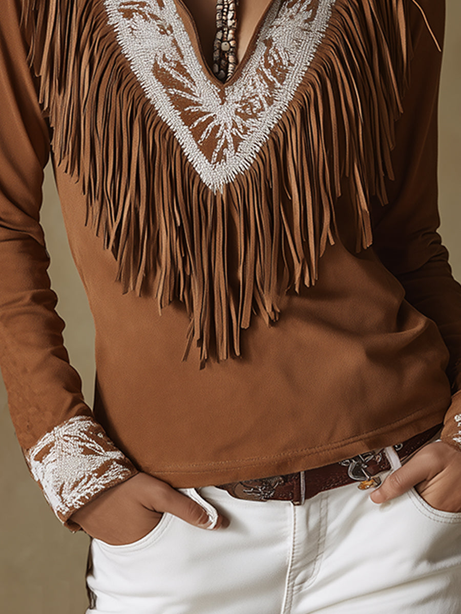 Vintage Western Style Exquisite Embroidered Tassel Brown Faux Suede Shirt