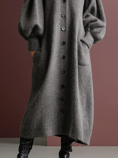 Simple Loose-fitting V-neck Gray Knitted Long Cardigan