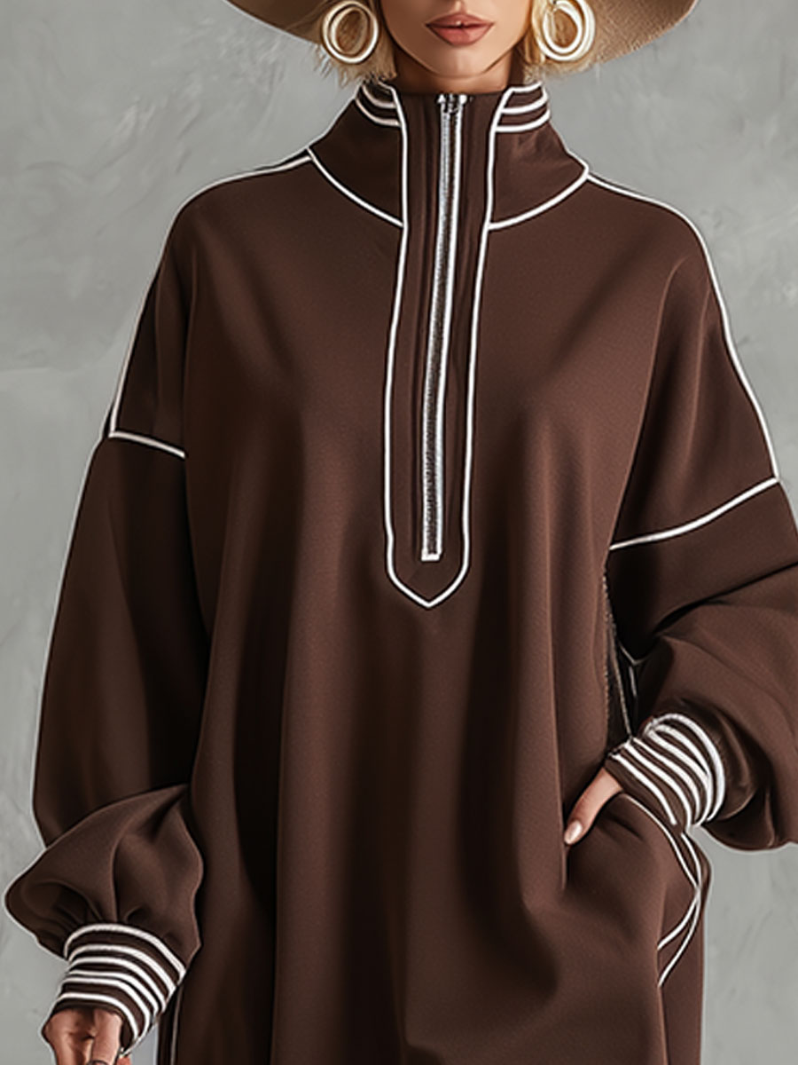 Stylish Sporty White-trimmed Brown Midi Dress
