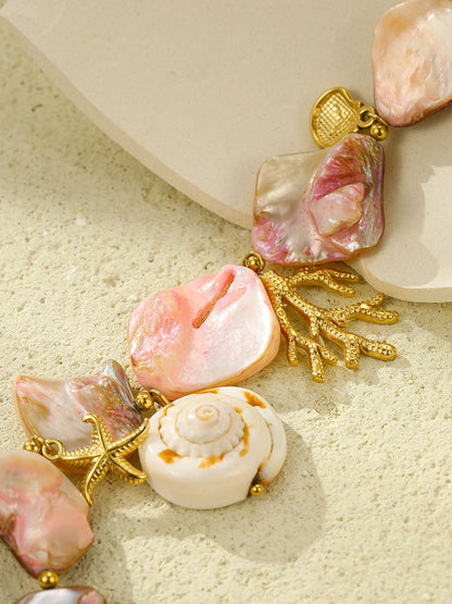 Beach Style Pink Shell Coral Stainless Steel Necklace