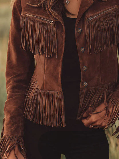 Western-style Brown Suede Tassel Zip-up Jacket