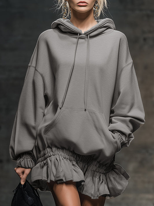 Casual And Fashionable Hooded Elastic Hem Gray Sweatshirt Mini Dress