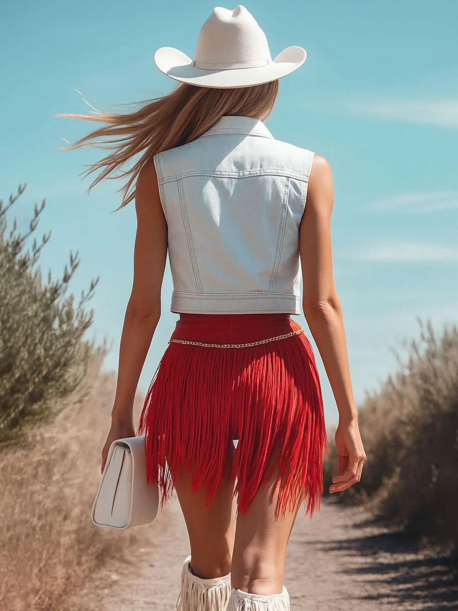 Western Retro Red Washed Cotton Ribbon Tassel Shorts