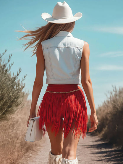 Western Retro Red Washed Cotton Ribbon Tassel Shorts