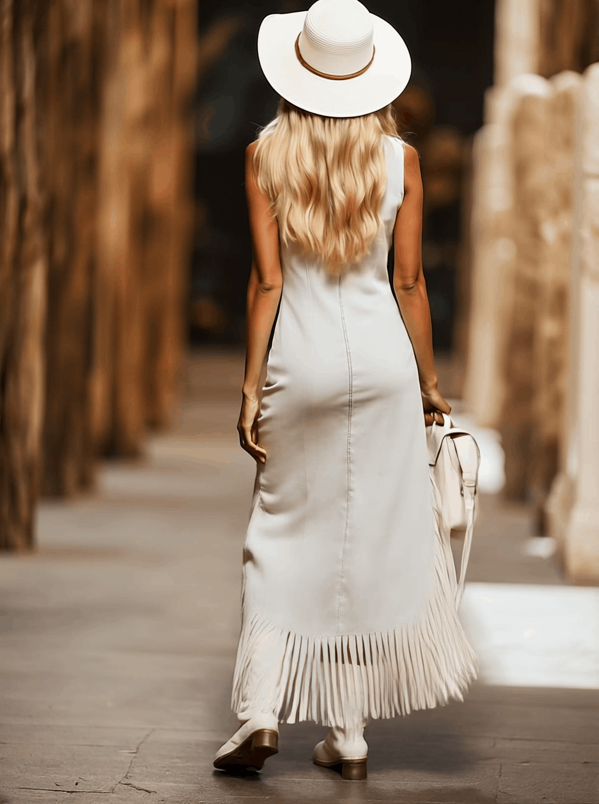 Casual Vintage Brown Embroidery White Denim Sleeveless Tassel Midi Dress
