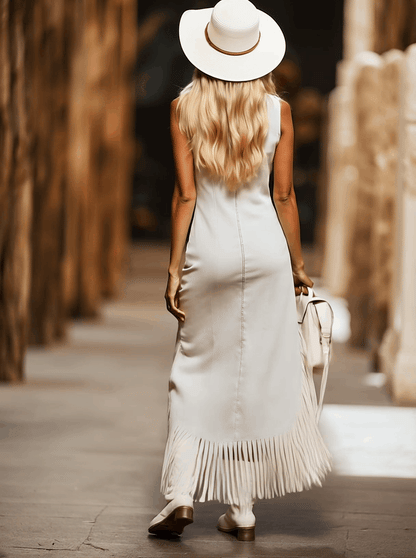 Casual Vintage Brown Embroidery White Denim Sleeveless Tassel Midi Dress