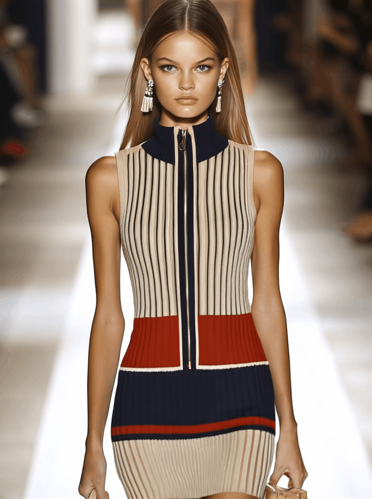 Casual Retro Contrast Stripe Knit Sleeveless Zipper Mini Dress