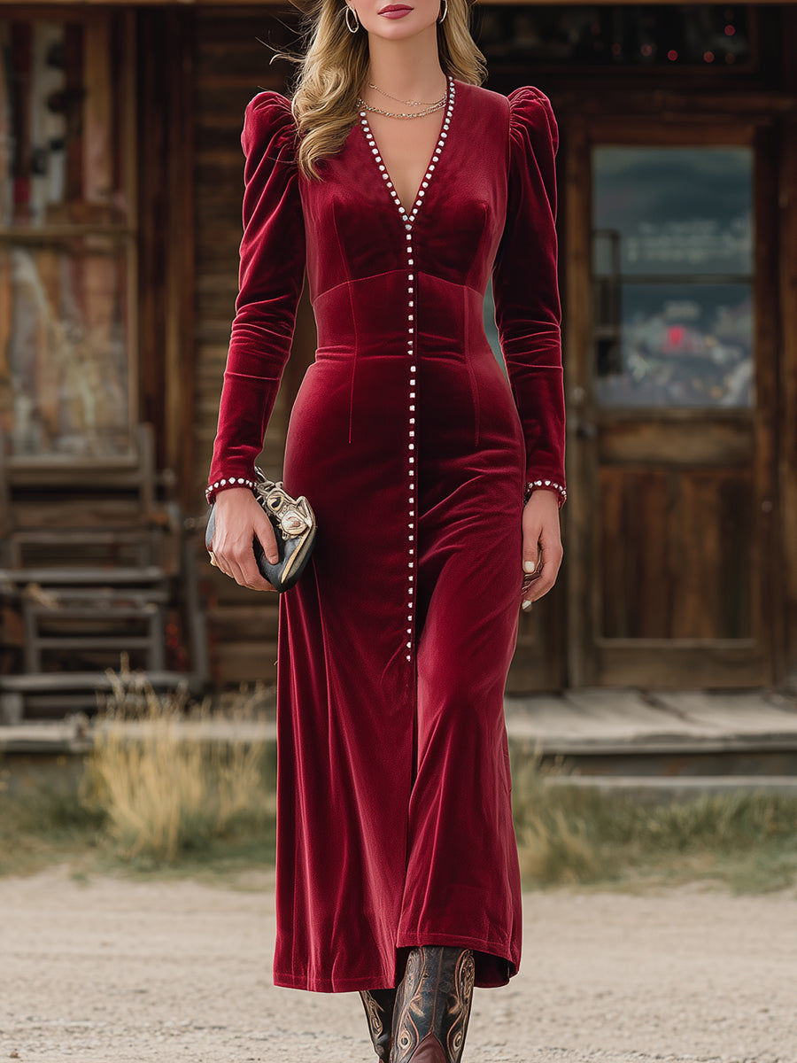 Western Red Velvet V-Neck Studded Midi Dress