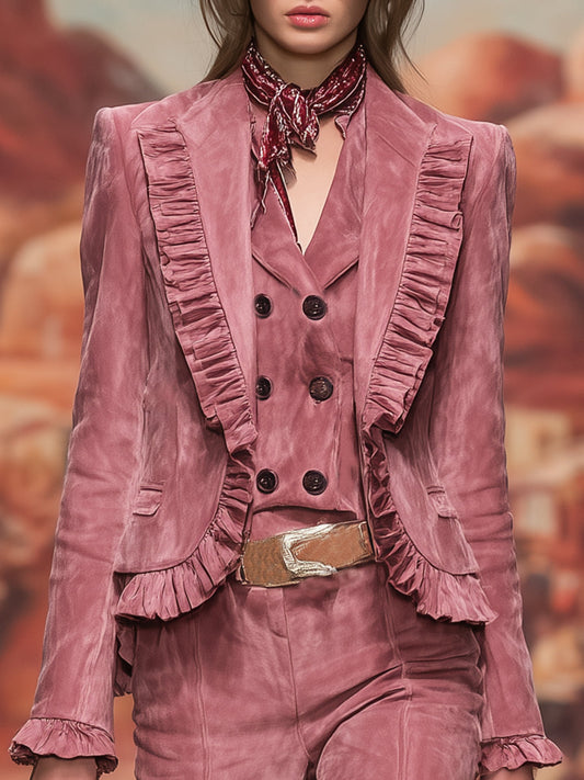 Retro-style Pink Faux Suede Ruffled Blazer