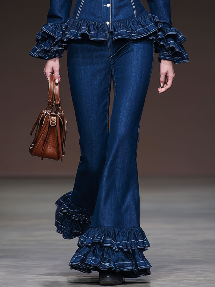 Stylish Retro Ruffled Dark Blue Flared Jeans