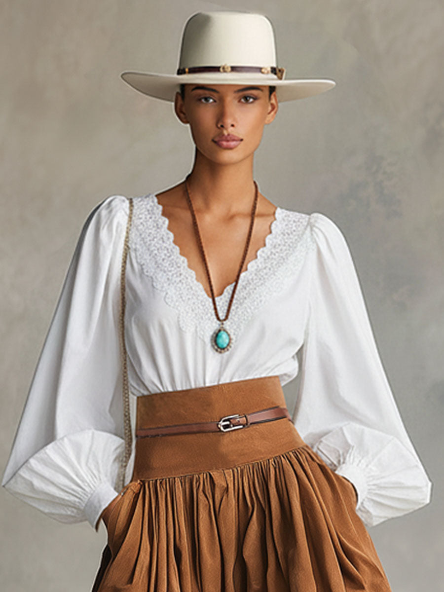 V-neck Lace-trimmed Bubble Cotton Long-sleeved Shirt