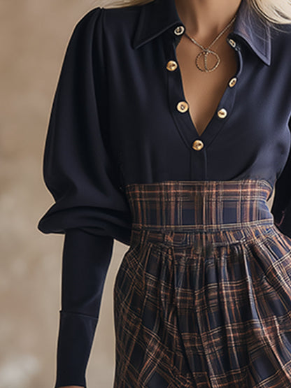 Casual Retro Sporty Navy Blue Sweatshirt Patchwork Plaid Mid-length Dress