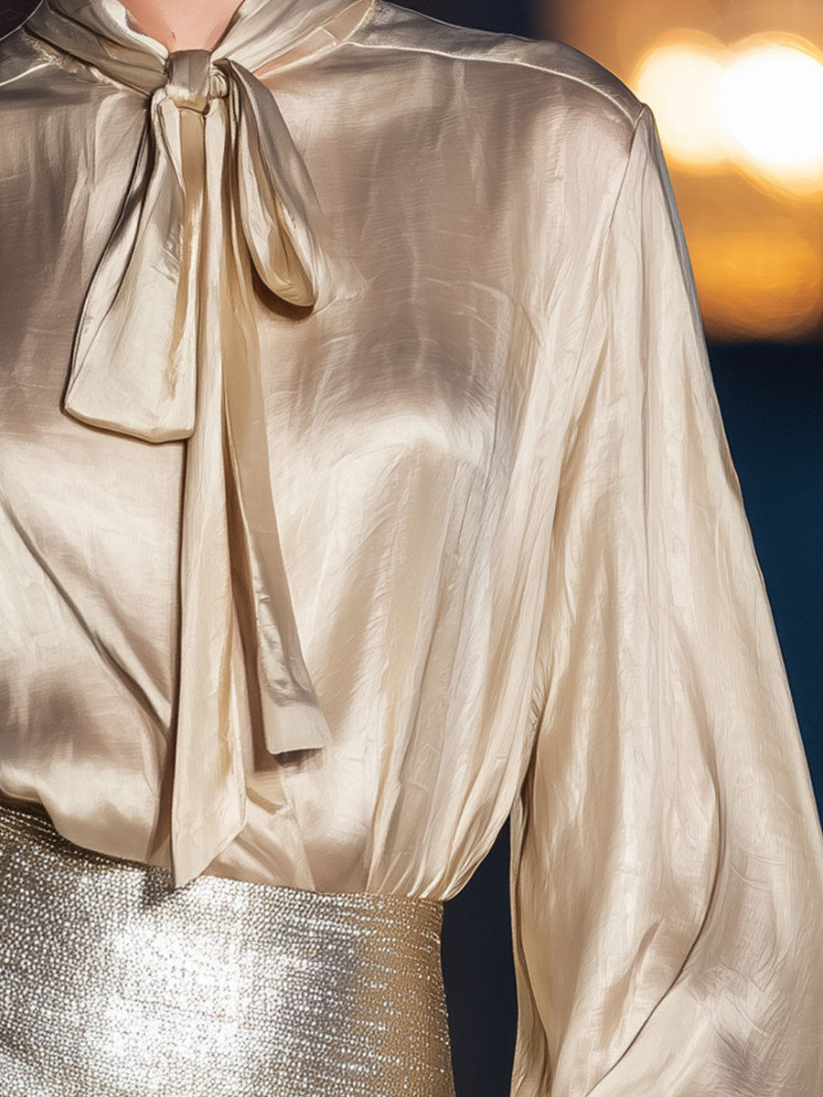 Stylish And Elegant Champagne-colored Shirt And Silver Shimmering Skirt Set
