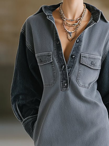 Stylish And Casual Gray Collared Half-button Midi Dress