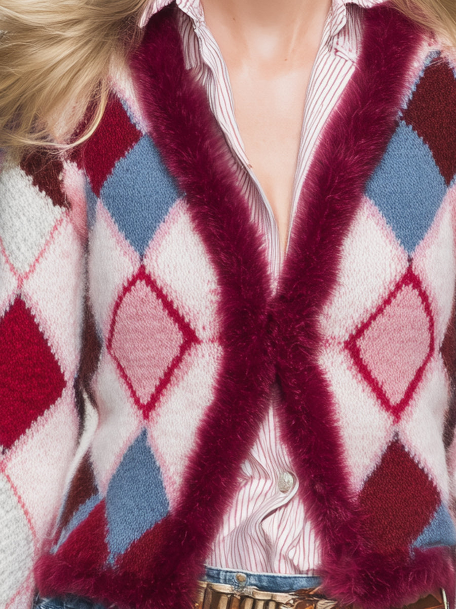 Trendy Retro Patterned Faux Fur Collar Knit Cardigan