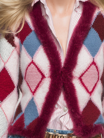 Trendy Retro Patterned Faux Fur Collar Knit Cardigan
