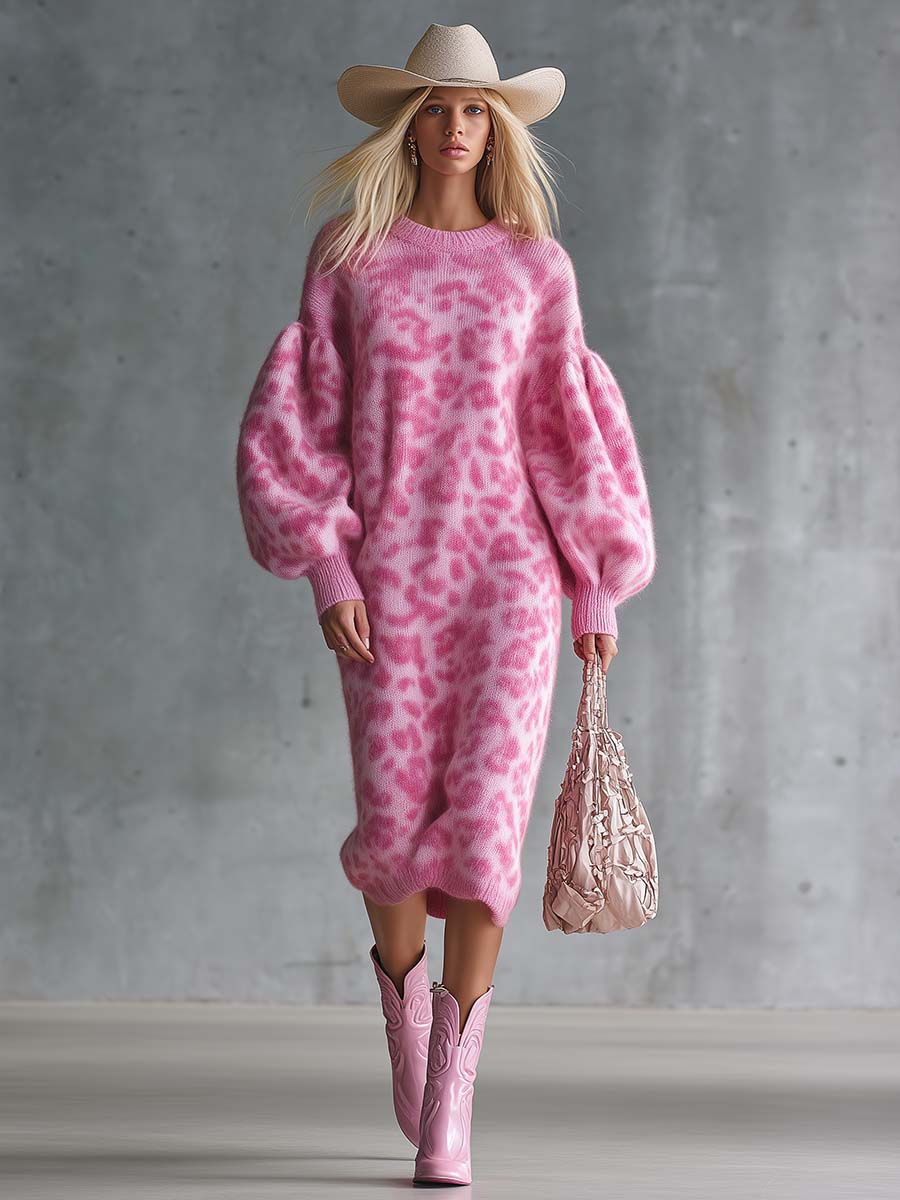 Casual Fashion Retro Crew Neck Puff Sleeves Pink Leopard Print Knit Midi Dress