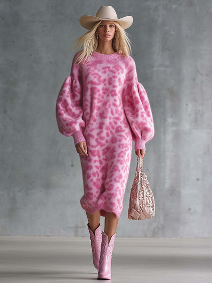 Casual Fashion Retro Crew Neck Puff Sleeves Pink Leopard Print Knit Midi Dress