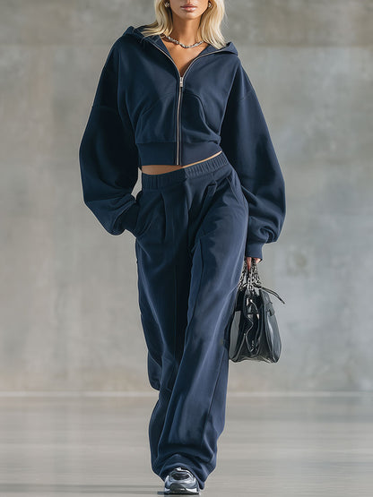 Stylish Loose Blue Zip-Up Sweatshirt And Pants Set