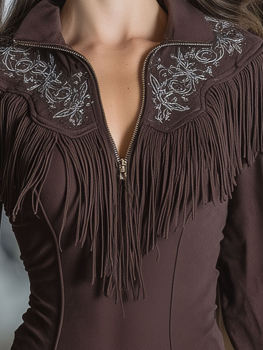 Brown Faux Suede Zippered Embroidered Tassel Top