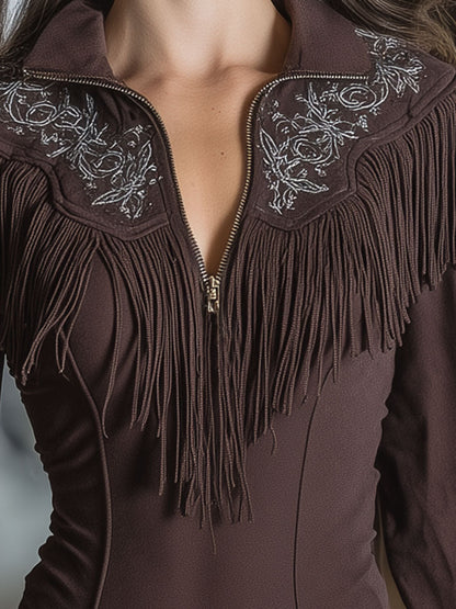 Brown Faux Suede Zippered Embroidered Tassel Top