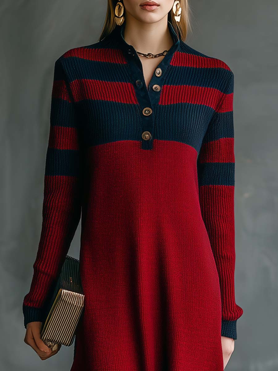 Vintage Fashion Sporty V-neck Front Button Navy Contrast Stripes Red Knitted Maxi Dress