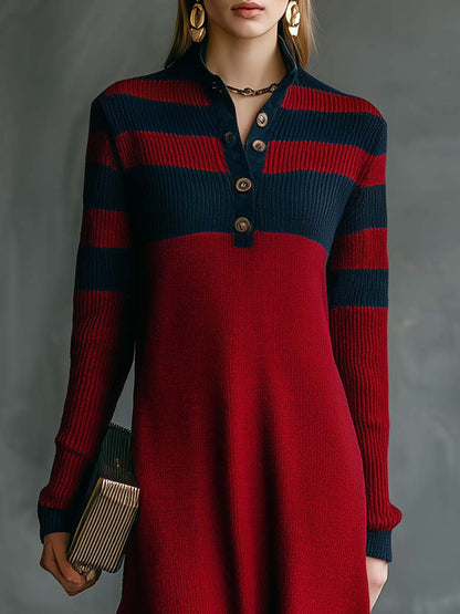 Vintage Fashion Sporty V-neck Front Button Navy Contrast Stripes Red Knitted Maxi Dress