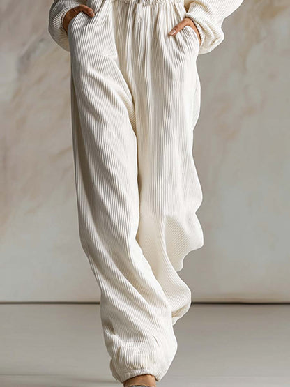 Casual Loose Fashionable White Corduroy Hooded Front Zipper Long Sleeve Jumpsuit