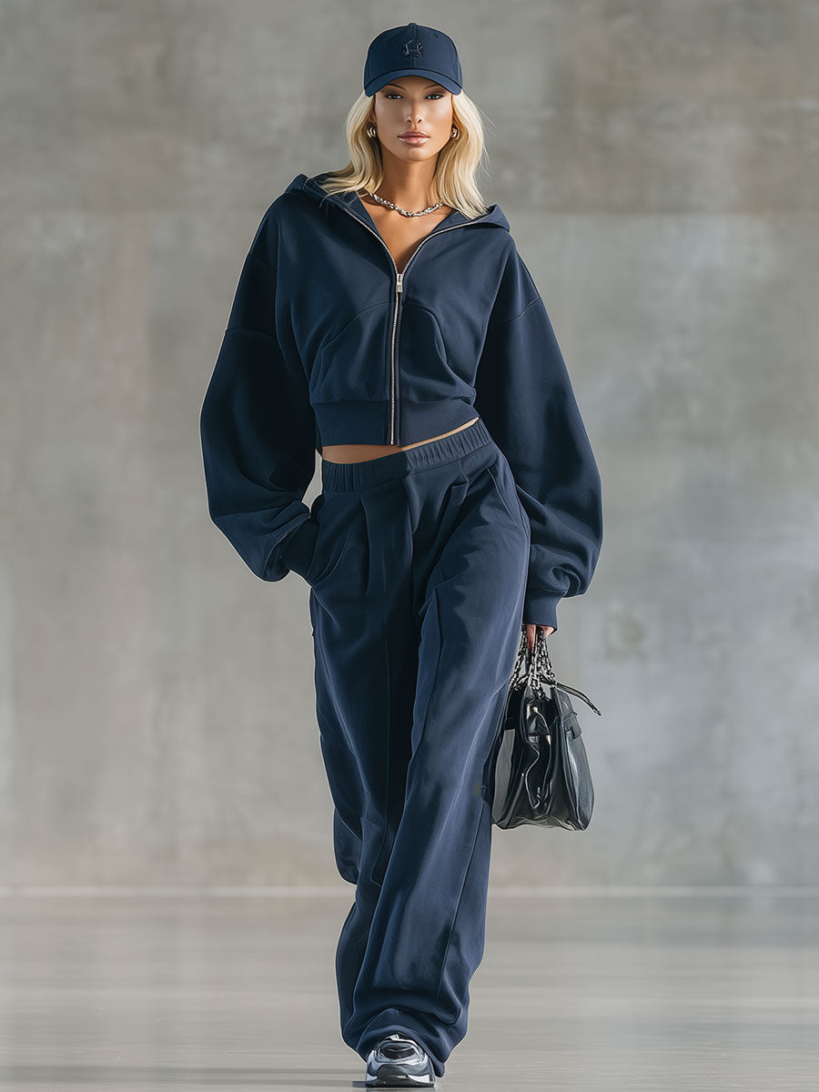 Stylish Loose Blue Zip-Up Sweatshirt And Pants Set