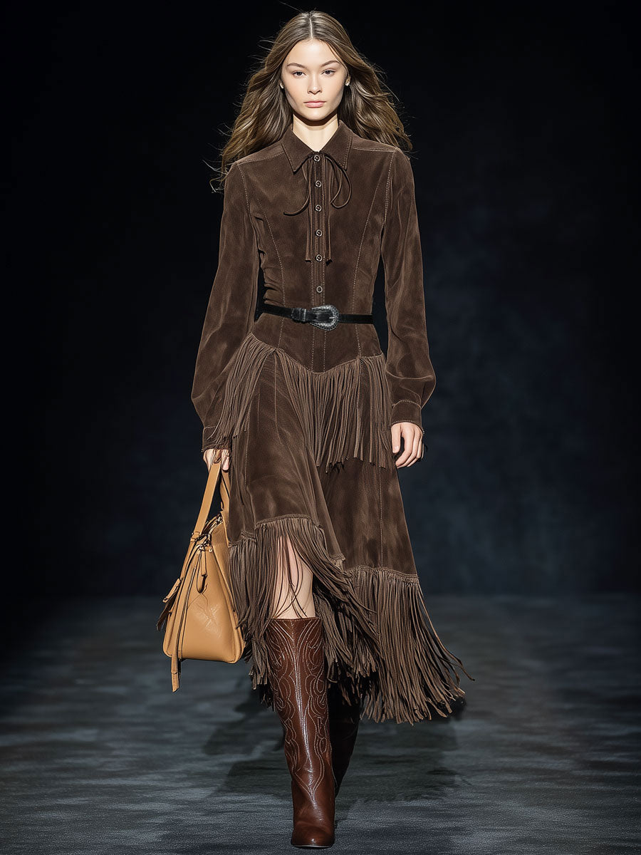 Western Retro Dark Brown Faux Suede Two-Layer Tassel Long-Sleeved Midi Dress