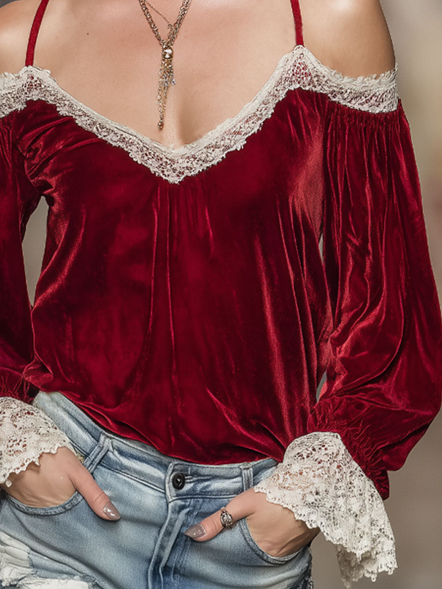 V-neck Off-shoulder Velvet And Lace Trim Long-sleeved T-shirt