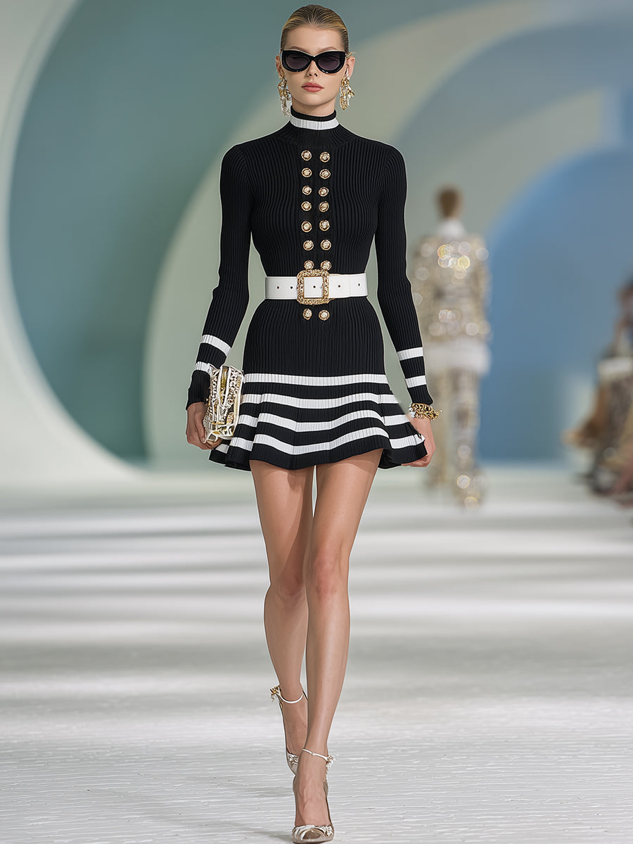 Stylish And Elegant High-neck Double-breasted Black And White Striped Knit Mini Dress