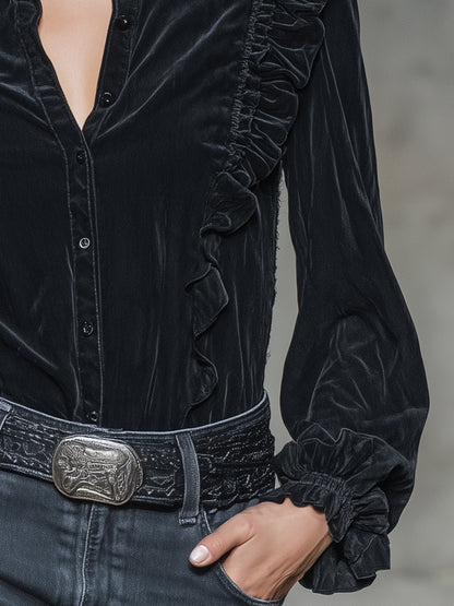 Stylish Black Faux Suede Long-sleeved With Ruffled Trim And Buttons Shirt
