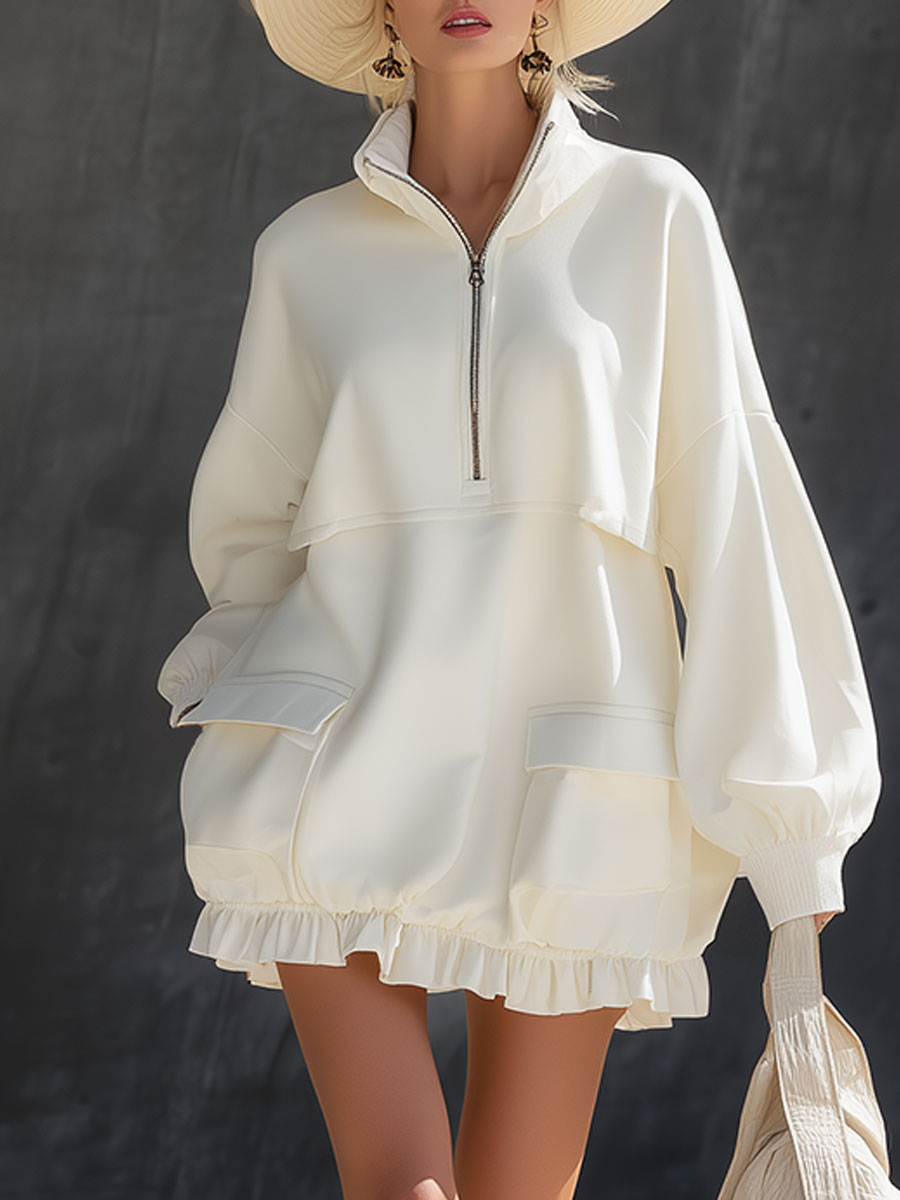 Stylish Sporty White Half-zip Ruffled Hem Mini Dress
