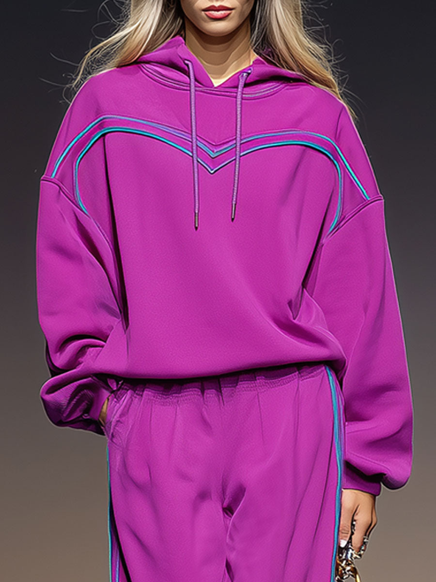 Sporty Retro Ribbon Trim Purple Hoodie Straight Leg Pants Set