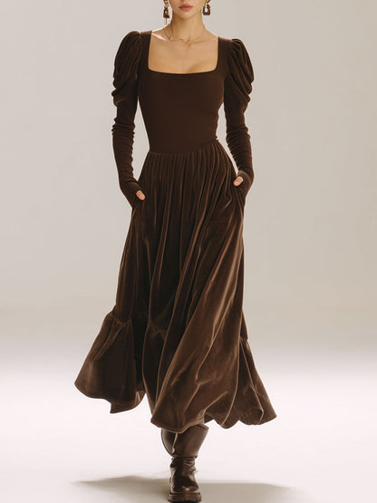 Stylish Retro Brown Knit Velvet Long-Sleeved Pleated Midi Dress