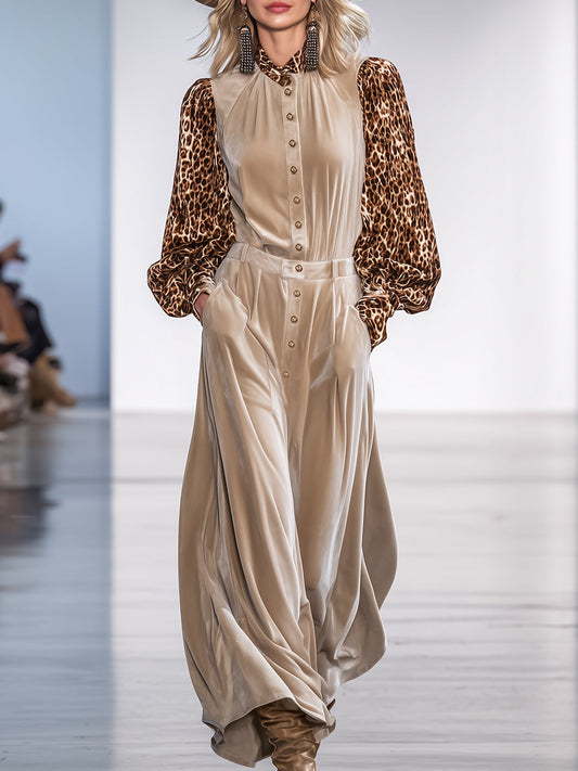 Casual Retro Leopard Print Sleeve Beige Velvet Maxi Dress