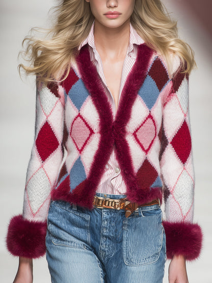 Trendy Retro Patterned Faux Fur Collar Knit Cardigan