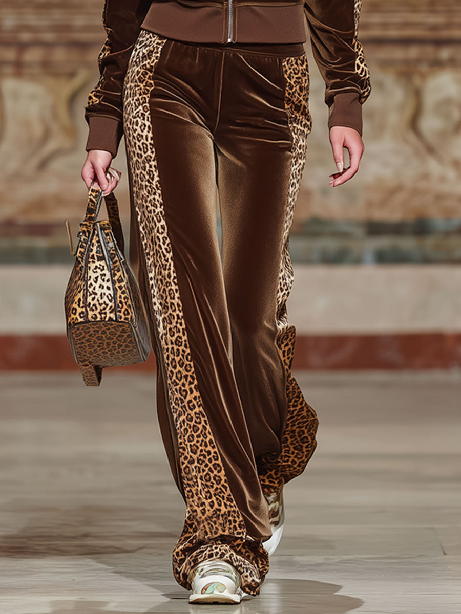 Velvet Leopard Print Hoodie And Wide-leg Pants Set
