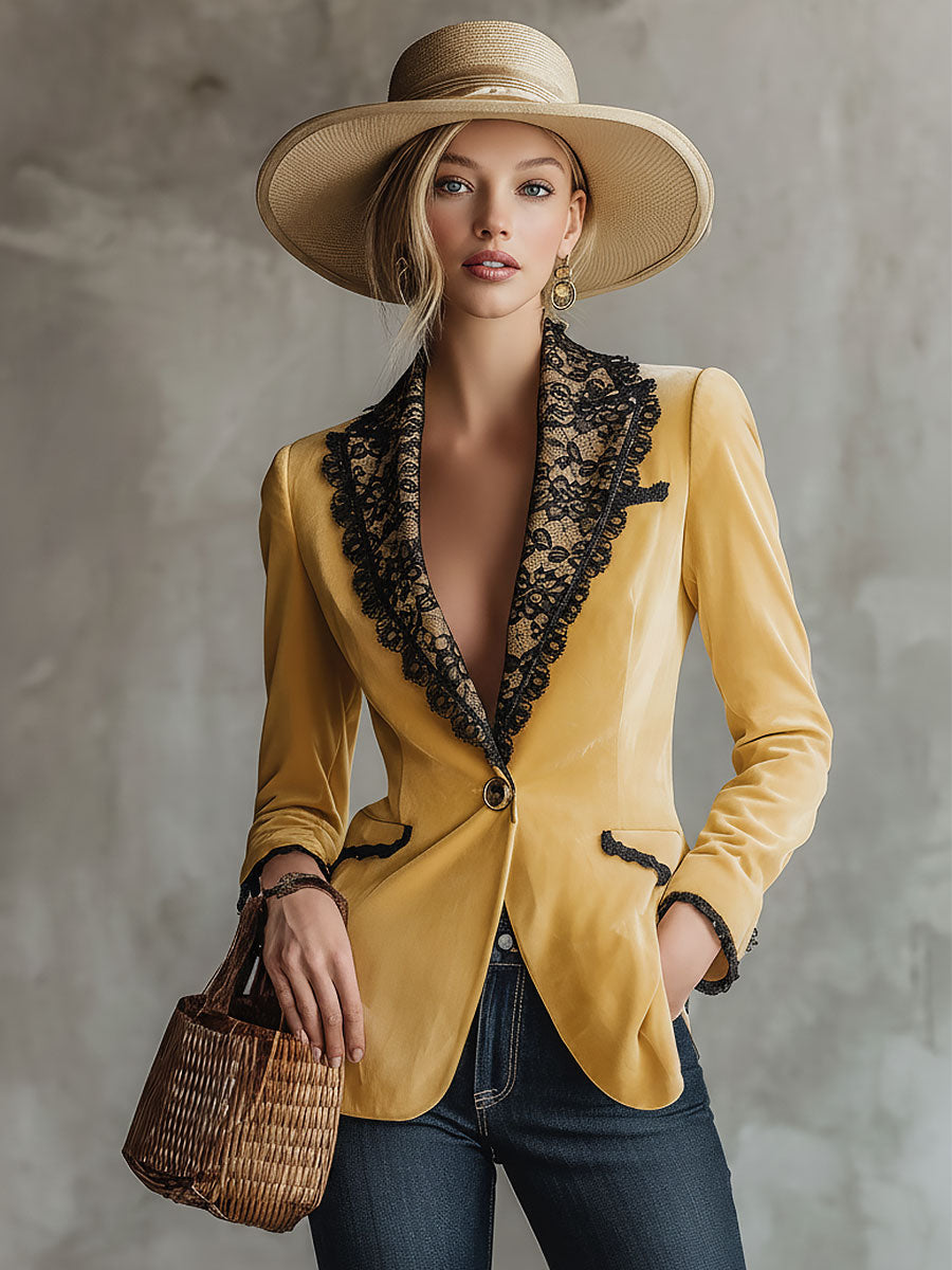 Stylish Retro Black Lace Yellow Velvet Blazer