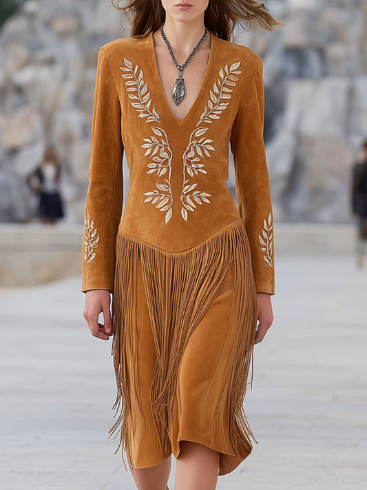 Western-style Vintage Leaf Embroidery Caramel Faux Suede Tassel Midi Dress