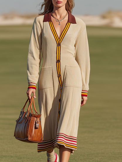 Sporty Retro Striped Trim Light Khaki Corduroy Long-sleeved Midi Dress