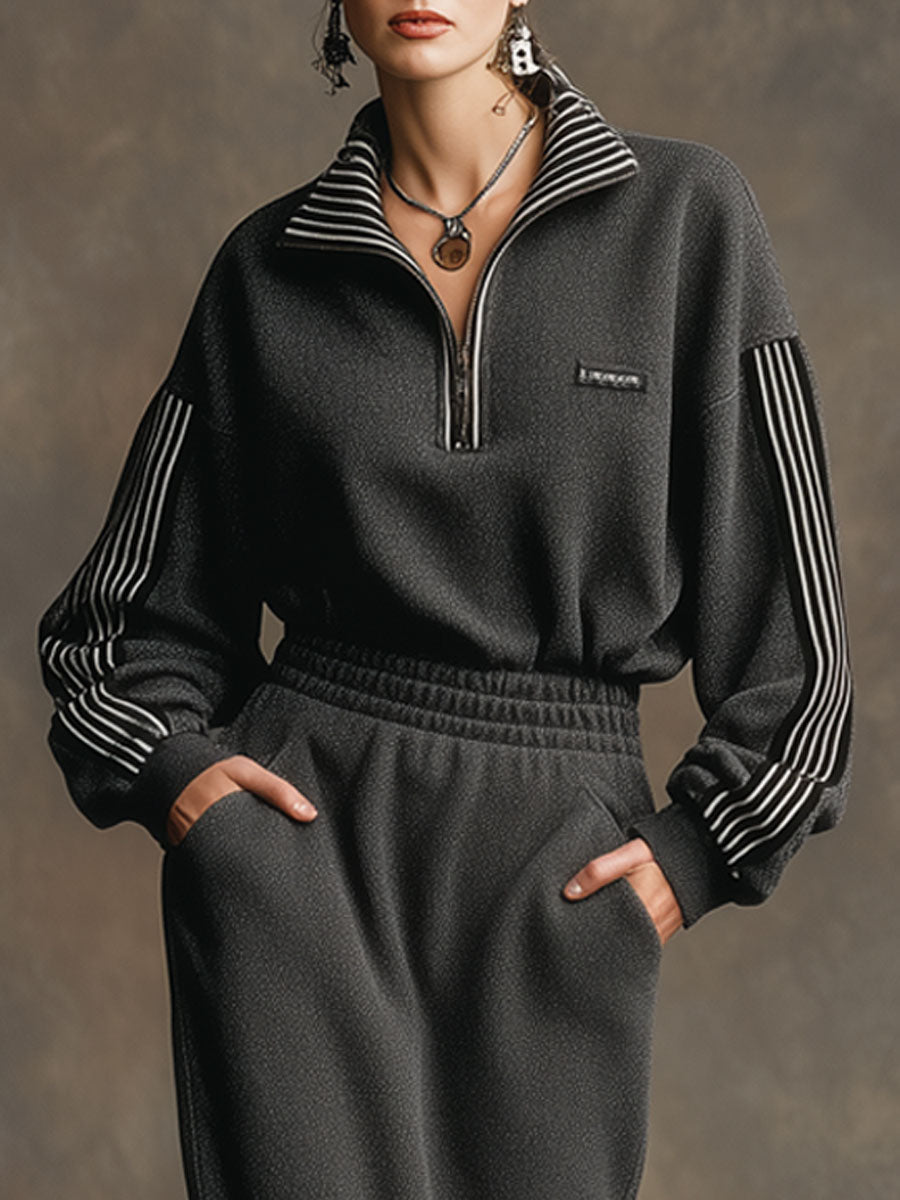 Sporty Retro Striped Long-sleeved Half-zip Dark Gray Velvet Midi Dress